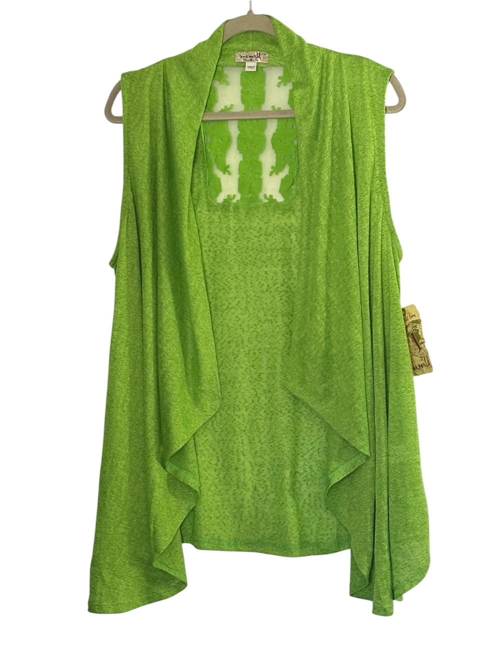 One World Shawl Sleeveless Lime Green Waterfall Knit Cardigan Lace 1X Boho Bold